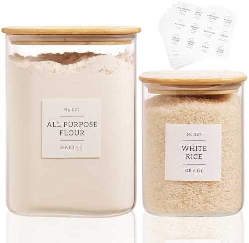 2 Pack large Square Glass Flour and Sugar Containers with 132 Kitchen Pantry Labels - 110 floz & 51 floz - Glass Jars with Airtight Bamboo Lid - Glass Rice Canisters for Coffee, Pasta, Cookie, Cereal