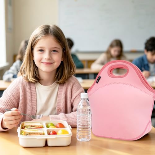 FlowFly Neoprene Kids Lunch box Insulated Soft Bag Mini Cooler Thermal Meal Tote Kit for Boys, Girls,Men,Women,School,Work, Office, Pink