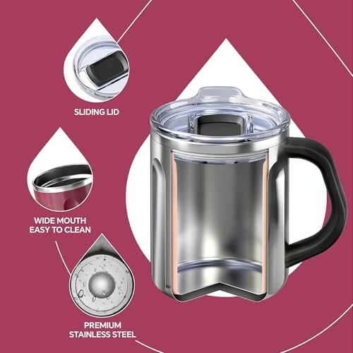 Ideus 16 oz Insulated Coffee Mug with Lid and Handle (Burgundy, FUJI FLOW)