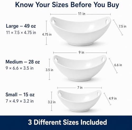 Ceramic Serving Bowls with Handles, Large Salad Bowl Set for Entertaining, Mixing, Serving Dishes for Parties, Kitchen, Housewarming & Everyday Use, Set of 3, 15/28/49 oz