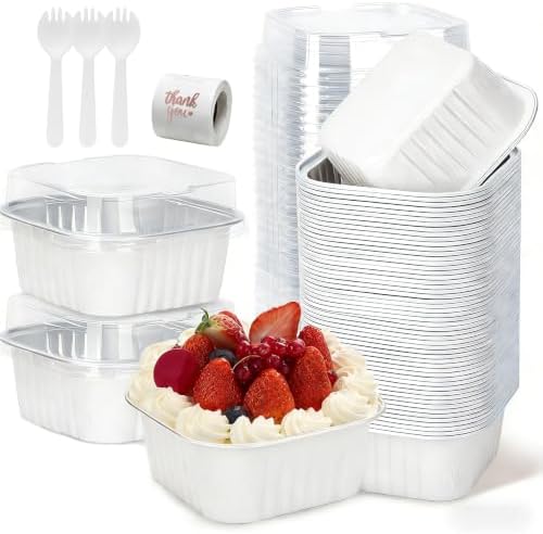 30Pack 5oz White Mini Cake Pans with Lids, Spoons and Stickers Baking Cups Aluminum Foil Pans Tins, Individual Dessert Cups Containers for Sales,Party,Picnics
