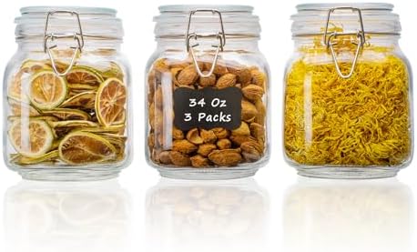 34oz Square Glass Food Storage Jars with Airtight Clamp Lids 3 Pack