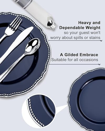 Hioasis 175 Pcs Blue Silver Plastic Plates Wedding & Party