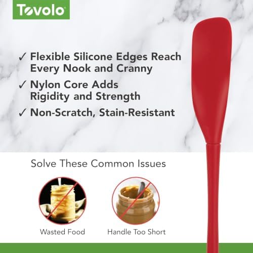 Tovolo Silicone Jar Spatula Long Handled Rubber Scraping Scooping Tool for Peanut Butter Jam Jelly Jars Blenders, Extra Long Flex Core Silicone Jar Scraper Dishwasher Safe BPA Free, Cayenne Red