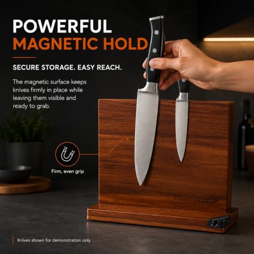 Magnetic Knife Block, Acacia Wood Magnetic Knife Holder for Kitchen Counter Universal Knife Block Without Knives (12 x 10 With Sharpener)