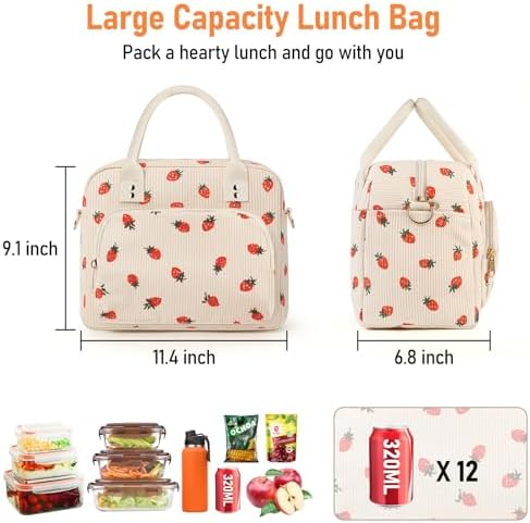Lunch Bag Large Insulated Lunch Box for Women Adult Cute Beige Strawberry Lunchbox Corduroy Lunch Bags Boxes Pail with Shoulder Strap for Work Mom Picnic Office Travel 11.4×6.8×9.1 inches 11.5L