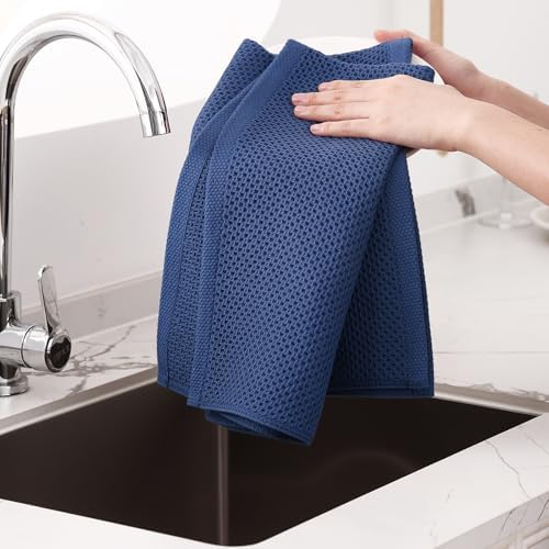 Homaxy 100% Cotton Oversized Waffle Weave Kitchen Towels 8-Pack, Navy Blue