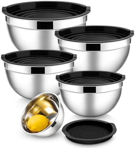 E-far Mixing Bowls with Lids Set, Stainless Steel Cooking Salad Bowl, Black