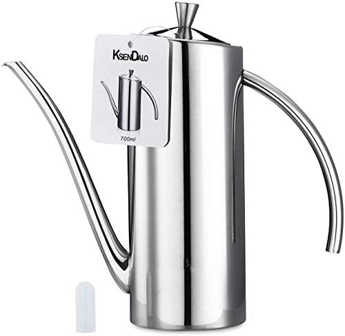 KSENDALO Premium Stainless Steel Olive Oil Dispenser (24oz/700mL) - Leakproof Kitchen Cruet & Olive Oil Bottle with Ergonomic ONE-Piece Body, Long Narrow Spout for Precision Pouring & Arc Handle