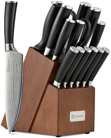 Knife Set with Block and Sharpener, 15 Piece Kitchen Knife Block Set