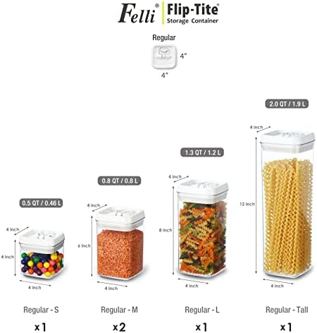 Felli Flip Tite Storage Container with Lid 4" Airtight Ring Seal Top, Stackable Acrylic Canister Jar Set for Kitchen Pantry Organizer, Food Spice Pasta Snack (5pk, Variety)