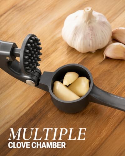Zulay Kitchen Premium Garlic Press Set - Rust Proof Professional Garlic Mincer Tool - Easy-Squeeze, Easy-Clean with Soft, Ergonomic Handle - Silicone Garlic Peeler & Brush-Dark Gray