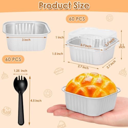 selizo 60 Pack 5oz Mini Square Disposable Cake Pans with Lids, Aluminum Foil Baking Cups, Individual Cake Containers with Lids for Parties and Gatherings
