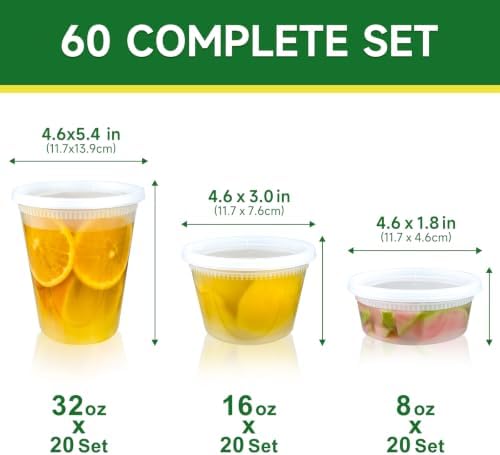 Dealusy 60 Set Deli Containers with Lids, 32/16/8 oz X 20 Set Each