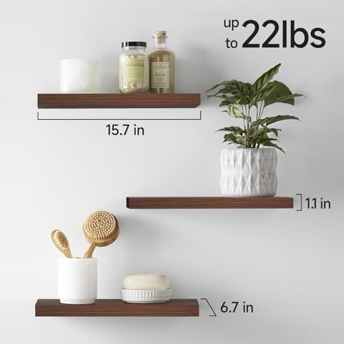 BAYKA Walnut-Like Floating Shelves 15.7in, 3 Pack, Wall Mounted Wall Decor