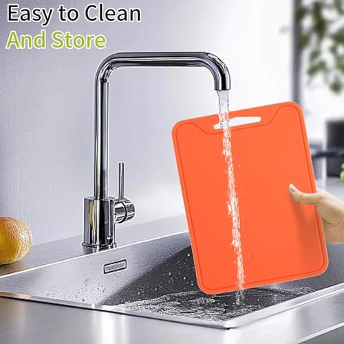 Flexible Plastic Cutting Boards for Kitchen, 11.8''x 8.6'' Silicone Cutting Board, BPA Free Non Slip Cutting Mat for Meat, Vegetables and Fruit with Easy Grip Handle, Dishwasher Safe (Orange)