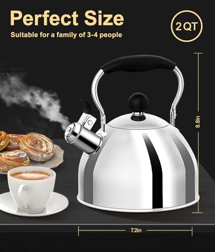 Whistling Tea Kettle for Stovetop, 2 Quart Small Tea Kettle for Tea and Coffee, 1.8L Food Grade Stainless Steel Tea Pot, Hot Water Kettle for Stove Top, Water Boilers (Stainless Steel)