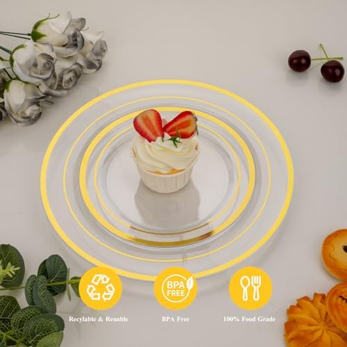 Goodluck 200PCS Clear Gold Plastic Plates, Heavy Duty Disposable Plates