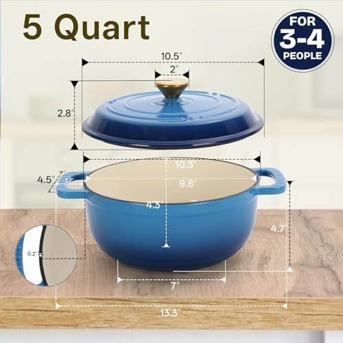 Bonnlo 5QT Round Dutch Oven, Enameled Cast Iron Dutch Oven Pot with Lid & Dual Handles, Oven Safe Up to 500° F, for Sourdough, Bread Baking, Stews and Roasting, Blue