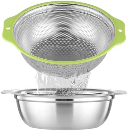 Colander Stainless Steel Microporous, 2QT Rice Strainer with Mixing Bowl, Rice Washer Bowl Set with Handle, Food-Grade Strainers and Colanders for Kitchen, Pasta, Fruit, Dishwasher Safe