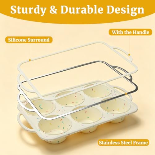 Jumbo Muffin Pan, Metal Reinforced Frame 3.5 inch Large Silicone Cupcake Pan 6 cups Large Muffin Pan with Handle Nonstick Jumbo Muffin Tin for Baking Giant Homemade Muffins, Cupcakes, Frittatas