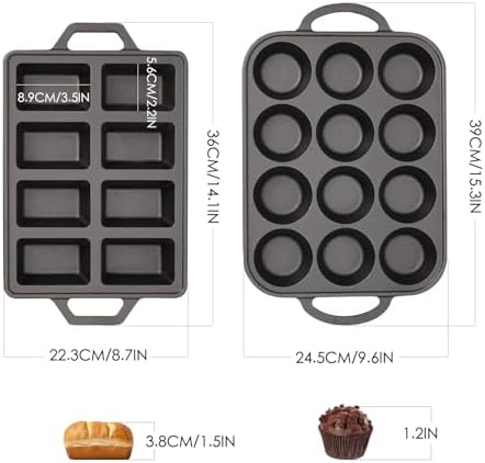 Flavehc Cast Iron Muffin Pans 12 Cup and Cast Iron Mini Loaf Pans 8 Cavity Regular Size Cupcake Pan Pre-Seasoned Loaf Pans Molds for Baking
