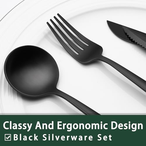 EWFEN 24-Piece Black Silverware Set with Steak Knives, Black Flatware Set for 4, Food-Grade Stainless Steel Tableware Cutlery Set, Mirror Finished Utensil Sets for Home Restaurant, Long Edge