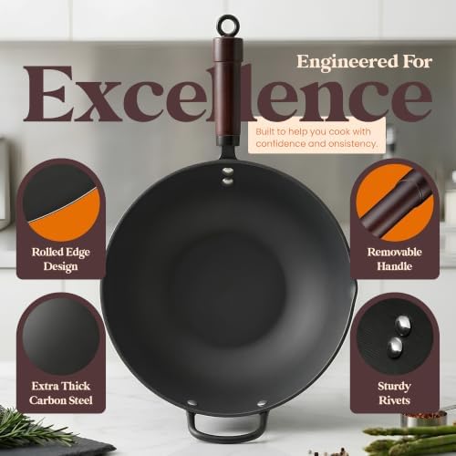 Carbon Steel Wok with Lid Ceramic Nonstick Flat Bottom Wok Pan Induction Compatible Stir Fry Wok Beech Wood Handle Glass Lid Healthy Cooking Wok for Gas Electric Ceramic Halogen Cooktops