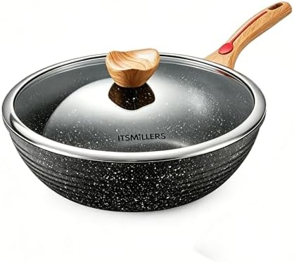 ITSMILLERS Nonstick Wok Aluminium Die-casting Chinese Wok, Scratch Resistant With Lid and Spatula, PFOA-Free, Dishwasher Safe & Induction Bottom,11.8 Inch,5QT,Large Capacity