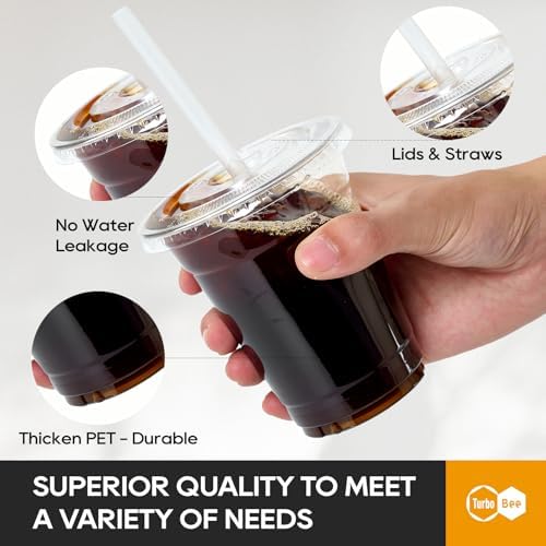 Turbo Bee 200 Sets 12 OZ Clear Plastic Cups with Lids and Straws, Disposable To Go Iced coffee cups with lids for Cold Drinks, Smoothie, and Slushie