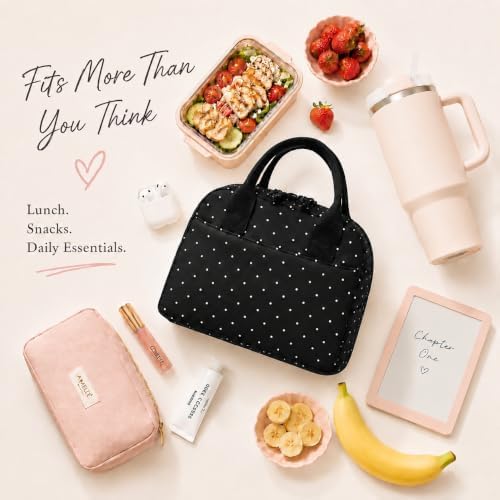 LOVELYWIND Lunch Box for Women, Insulated Lunch Bag, Black Polka Dot Tote