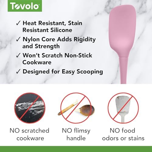 Tovolo Spoon Spatula Spoonula All Silicone Ergonomic Handle Grip, Silicone Scoopula Kitchen Utensil Non Scratch Easy Clean Dishwasher Safe Heat Resistant Flex Core Scoop Spatula, Pink Sorbet