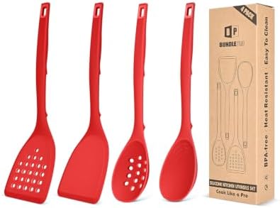 BUNDLEPRO Silicone Cooking Utensils Set, 4 Pcs Spatula and Spoon Set, Red