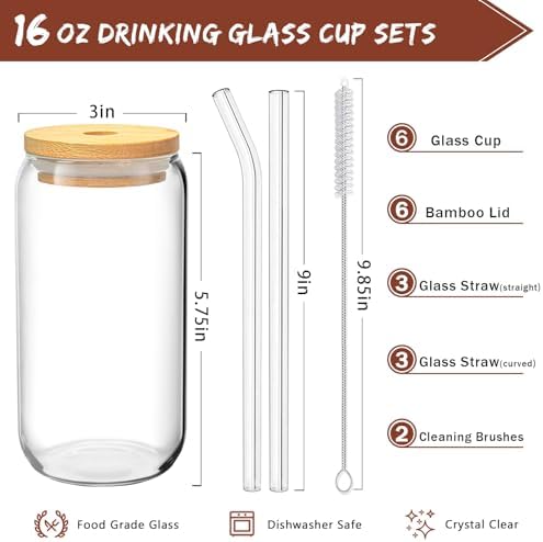 16 Oz Drinking Glasses - 8 Pcs Glass Cups with Bamboo Lids and Straws