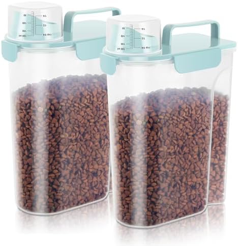 5-7LBS Dog Cat Storage Container Portable with Upgraded Large Spout and Cup, Plastic Pet Food Dispenser for Small Animal Kibble, Bird Seed, Oatmeal, Rice, Flour, Brown Sugart-2 Pack Light blue
