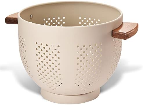 Metal Colander with Wood Handle and Stable Base, Powder Coated Steel Kitchen Strainer Basket for Draining Pasta, Vegetable and fruit(7quart,Sandyellow)