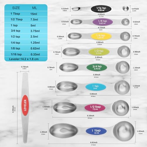 Magnetic Measuring Spoons Set of 9 with Leveler, Color-Coded Dual Sided Stainless Steel Measuring Spoon Set, Stackable Teaspoon and Tablespoon Set for Baking, Cooking, Kitchen Gadgets Dishwasher Safe