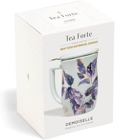 Tea Forte Ceramic Fiore Tea Cup with Infuser, Demoiselle, 14 oz