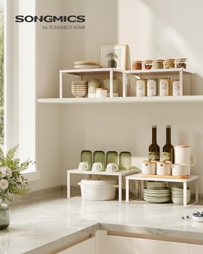 SONGMICS Set of 4 Metal Spice Racks, Stackable Expandable Shelf Risers