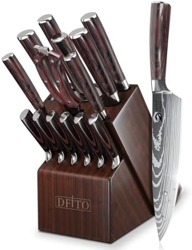 Dfito Kitchen Knife Set, 15 Pieces Knife Set with Block and Sharpener