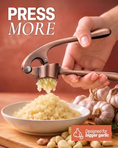 Zulay Kitchen Large Premium Garlic Press Set - Bigger Bowl for Bigger Garlic - Rust Proof Garlic Mincer Tool - Easy-Squeeze, Easy-Clean Silicone Garlic Peeler & Brush (Copper)