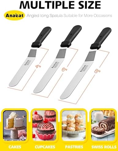 Anaeat Icing Spatulas, Set of 3 Professional Cake Angled Offset Spatula with 4", 6", 8" Stainless Steel Blades - Thickened Frosting Knife with Plastic Handle for Cake Decorating, Pastry & Baking