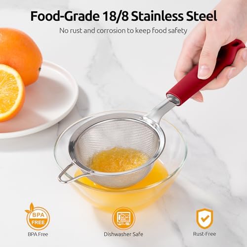 U-Taste Fine Mesh Strainer, 18/8 Stainless Steel Sieve 30 Mesh, S/Red