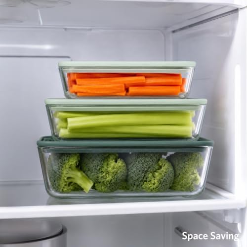 Glad Glass Food Storage Containers, Set of 3 - Airtight Vacuum Sealed Steam Vent Lids - Rectangular Borosilicate Glass Dishes with Ombre Green Lids - Assorted Sizes for Meal Prep & Leftovers, Sage