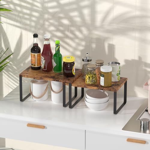 CADUKE Set of 4 Counter Shelves Kitchen Cabinet Shelf Organizer Brown