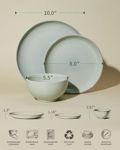 Pokini Stoneware Dinnerware Sets for 4, 12pcs Plates and Bowls Sets Dishes