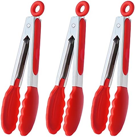 HINMAY 7" Mini Silicone Tongs Small Serving Tongs, Set of 3 (Red)