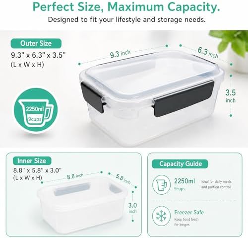 YORY 9 cup Plastic Food Storage Containers with Lids Nestable Freezer Dishwasher Safe Rectangle Meal Prep Container Set,5-Pack