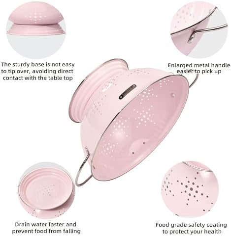 Metal Colander 2 Pack, Strainer Bowel with Handles 2Qt & 6Qt Powder Coated Solid Ring Base Heavey Duty Kitchen Drainer Basket for Pasta Veggies and Fruits,New Home Apartment Essentials (Pink)