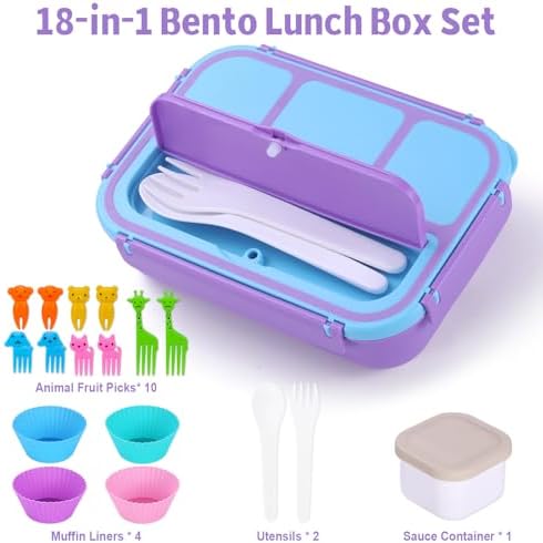 shell and turtle Bento Box for Kids Girls Boys, Bento Box Adult Lunch Box with 4 Compartments, Lunch Containers with Utensils, Sauce Jar, Muffin Liners for School, 40 Oz/5 Cup, Purple